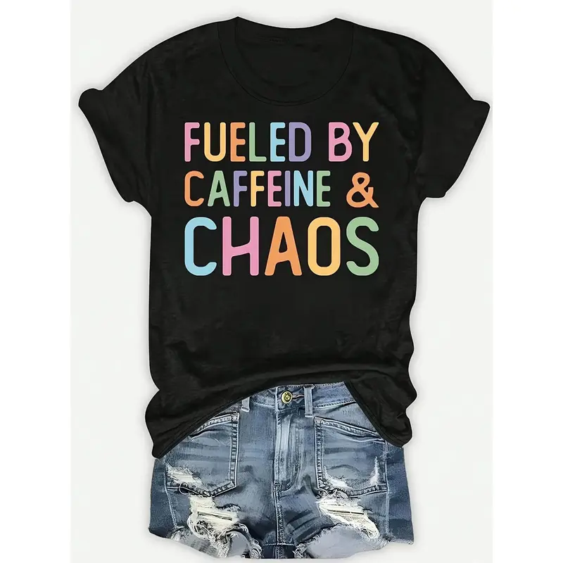 Women'S Fueled by Caffeine & Chaos Graphic Tee - Black Casual Crew Neck Short Sleeve T-Shirt with Colorful Letter Print, ...