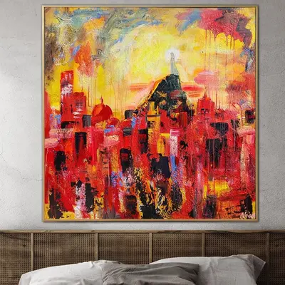 Extra Large City of Ukraine Colorful Oil Painting Abstract Kharkiv City Wall Art Red And Orange Abstract Decor Stand with Ukr...