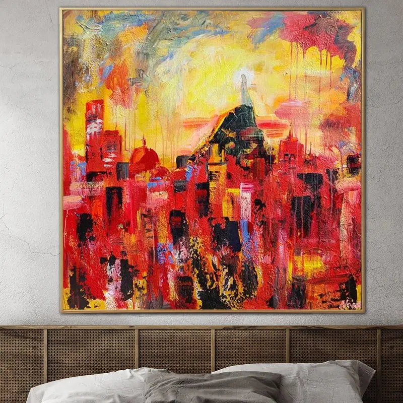 Extra Large City of Ukraine Colorful Oil Painting Abstract Kharkiv City Wall Art Red And Orange Abstract Decor Stand with Ukr...