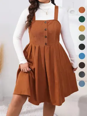 Plus Size Button Decor Pleated Pinafore A-Line Dress, Casual Sleeveless Tank Dresses for Fall & Winter Daily Wear Holiday, Wo...