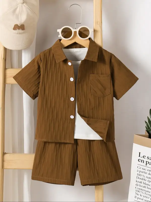 Two-Piece Set Toddler Boy's Solid Textured Shirt & Shorts without Tee, Casual Short Sleeve Collared Top & Shorts, Summer Outf...