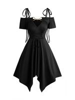 2025 Women's Cold Shoulder Gothic Dresses Lace Up Asymmetric Dress Tie Knot Shoulder Chain Solid Color Short Sleeve Black Dre...