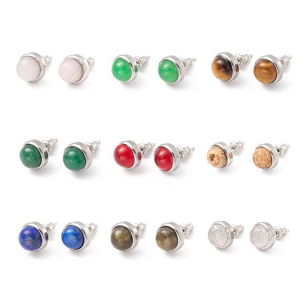 Natural Gemstone Half Round Stud Earrings