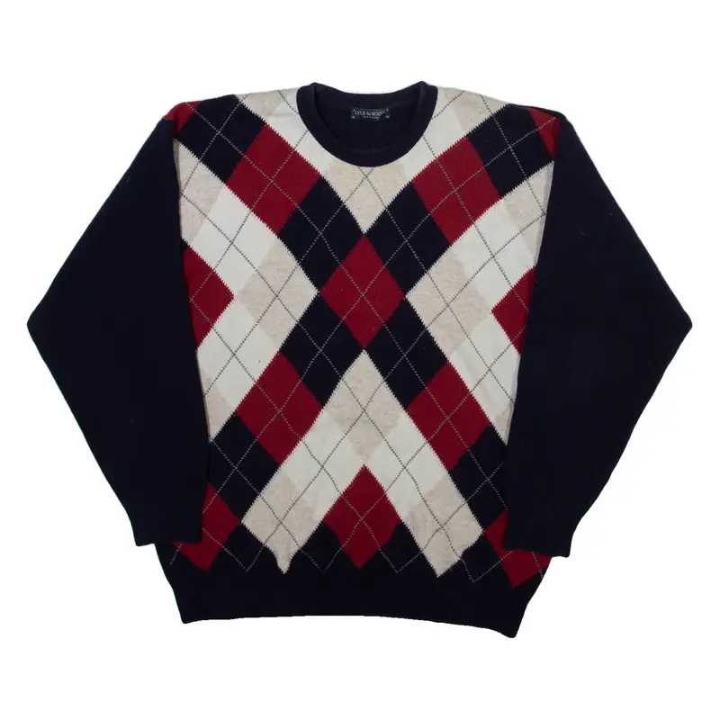 LYLE & SCOTT Mens Jumper Blue Argyle Tight Knit M