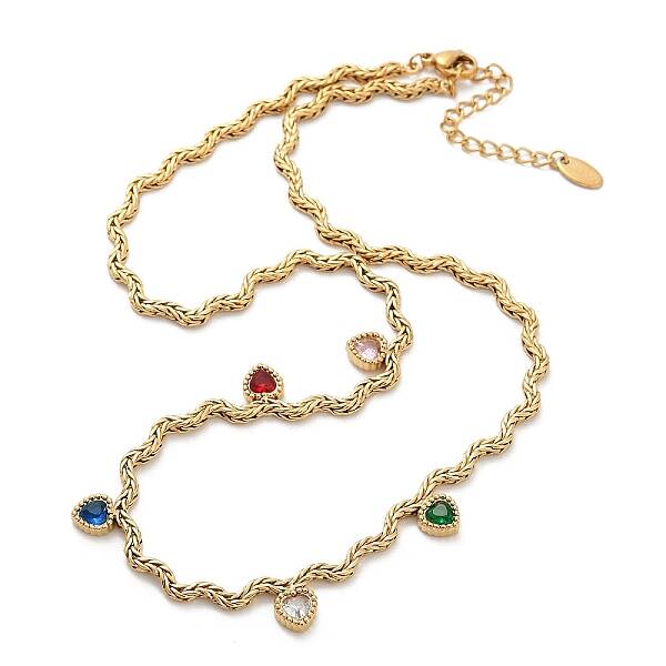 304 Stainless Steel Rope Chain Colorful Cubic Zirconia Tassel Necklaces for Women
