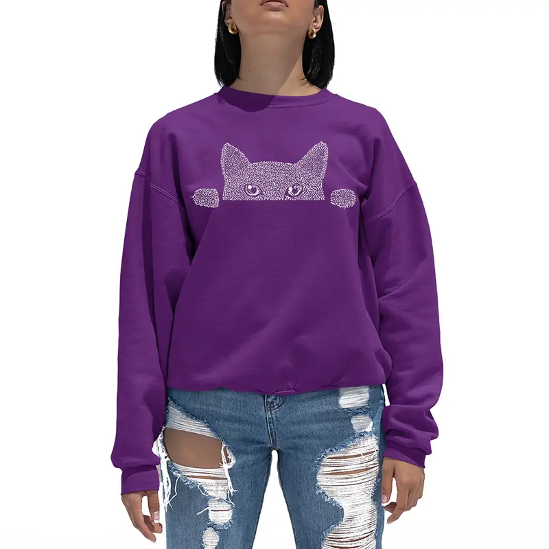 Peeking Cat - Women's Word Art Crewneck Sweatshirt - Black - Large
