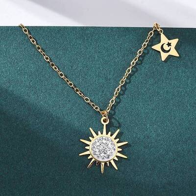 201 Stainless Steel Crystal Rhinestone Sun Star Pendant Necklaces for Women
