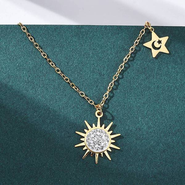 201 Stainless Steel Crystal Rhinestone Sun Star Pendant Necklaces for Women