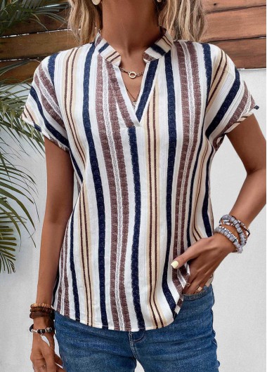 Modlily Multi Color Split Striped Short Sleeve Blouse - S