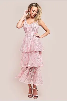 Goddiva Embroidered Mesh Tiered Midi Dress - Pink