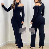 ChicMe Women's Rhinestone Cold Shoulder High Neck Jumpsuit Long Sleeve Slim Fit Flared Jumpsuit