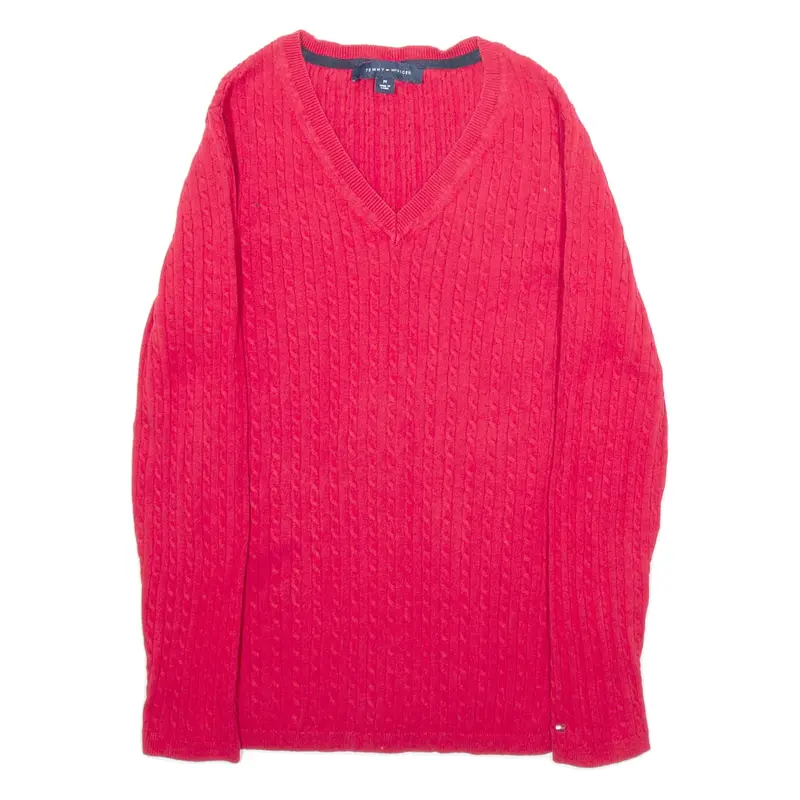 TOMMY HILFIGER Mens Jumper Red V-Neck Cable Knit M