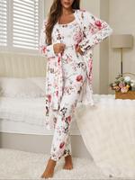 Women's All Over Floral Print Pajama Set, Long Sleeve Open Front Outwear & Pants & Cami Top, Casual Comfy Sleepwear Set for W...