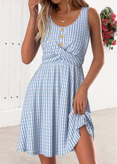 Modlily Dusty Blue Short Sleeveless Round Neck Dress - S