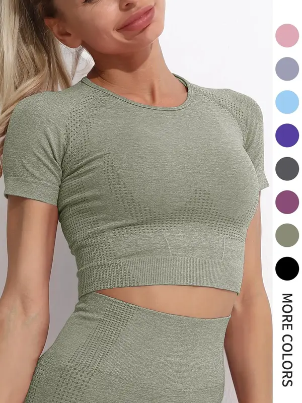 Women's Plain Raglan Sleeve Crop Sports Tee, Quick Drying Breathable Short Sleeve T-shirt for Gym Workout Running, Summer 202...