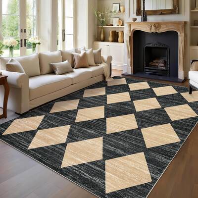 Garvee Plaid Black Beige 8x10 Distressed Trellis Rug Non-Slip Soft Polyester Low Pile Washable Checkered Pattern Living Room ...