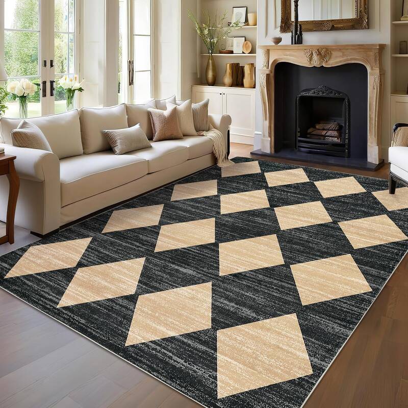 Garvee Plaid Black Beige 8x10 Distressed Trellis Rug Non-Slip Soft Polyester Low Pile Washable Checkered Pattern Living Room ...
