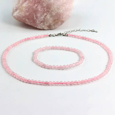 Natural Rose Quartz Round Beaded Necklaces & Stretch Beaded Bracelets Sets