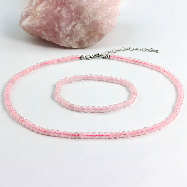Natural Rose Quartz Round Beaded Necklaces & Stretch Beaded Bracelets Sets