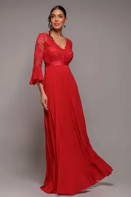Goddiva Scalloped Lace Bodice Pleated Chiffon A Line Maxi Dress - Red