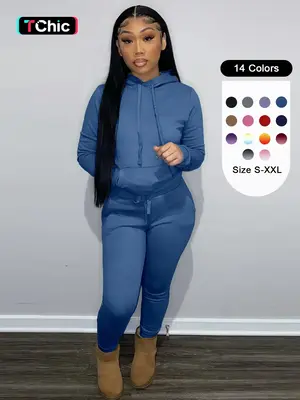 Women's Solid Drawstring Hoodie & Pocket Sweatpants Two-piece Set, Casual Long Sleeve Hooded Sweatshirt & Trousers for Fall &...