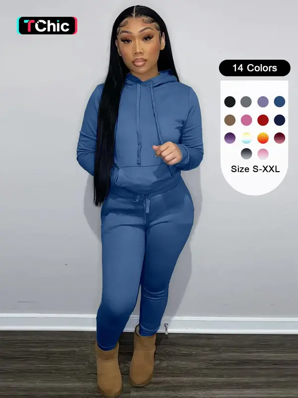 Women's Solid Drawstring Hoodie & Pocket Sweatpants Two-piece Set, Casual Long Sleeve Hooded Sweatshirt & Trousers for Fall &...