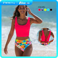 Popvil Back Tie Floral Watermelon Red Tankini Set,U Neck Solid Vest&Tummy Control High Waisted Bikini Bottoms for Women, Neon...