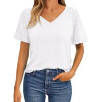 Dokotoo Women's Short Sleeve V Neck Lace Top - Relaxed Fit, 65% Polyester, 30% Viscose, 5% Elastane, Comfortable Business Cas...
