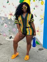 Two-piece Set Women's Striped Print Crop Knit Top & Shorts Set, Casual Curvy Fashion Cozy Knitwear Set for Daily Outdoor Wear...