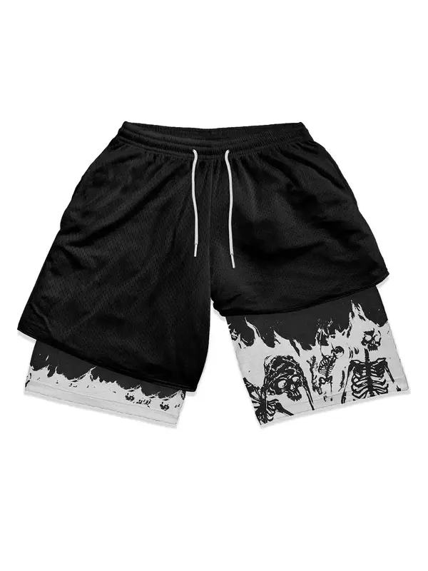 Men's Punk Skeleton Print 2 in 1 Drawstring Waist Track Shorts, Regular Fit Casual Comfy Breathable Summer Bottoms, Men's Clo...