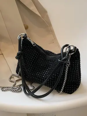 Women's Fashion Rhinestone Decorated Shoulder Bag, Elegant Plain Suede Crossbody Bag for Party Wedding, Trendy Matching Under...