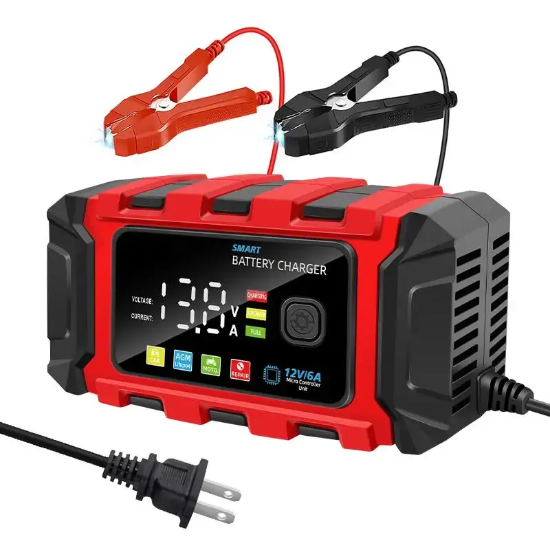 TK-360 12V 6A Smart Automatic Battery Charger, Large Screen Car Charger, GEL Lead-Acid LiFePO4 Pulse Repair Charger for Car