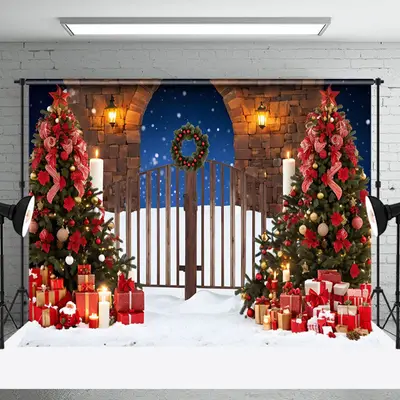 Aperturee Snowy Night Wooden Gate Tree Christmas Vibe Backdrop - Aperturee
