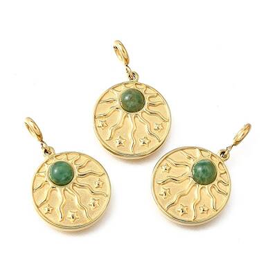 304 Stainless Steel Pave Natural African Jade Sun Pendant Decorations