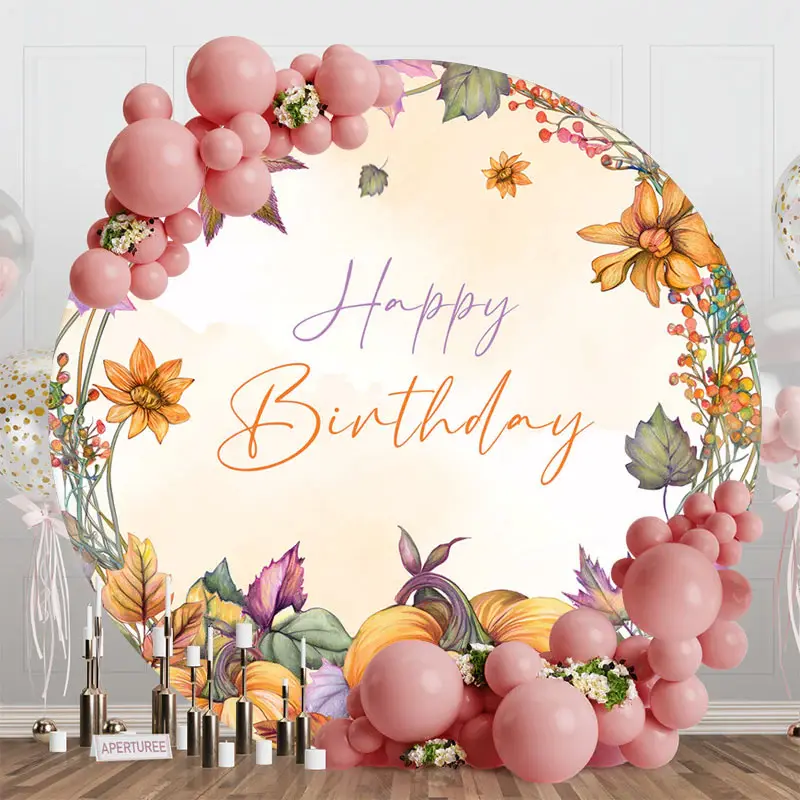 Aperturee Floral Pumpkins Maple Round Happy Birthday Backdrop - Aperturee