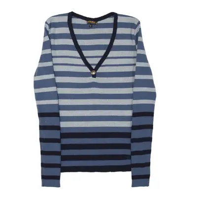 WOOLRICH Jumper Blue Striped Tight Knit Wool V-Neck Womens M