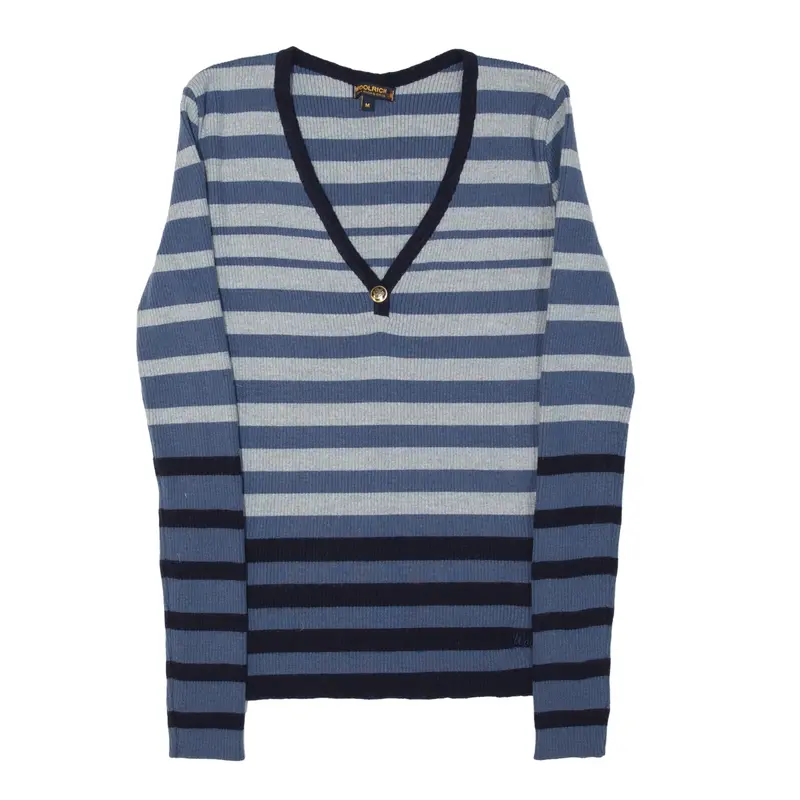 WOOLRICH Jumper Blue Striped Tight Knit Wool V-Neck Womens M