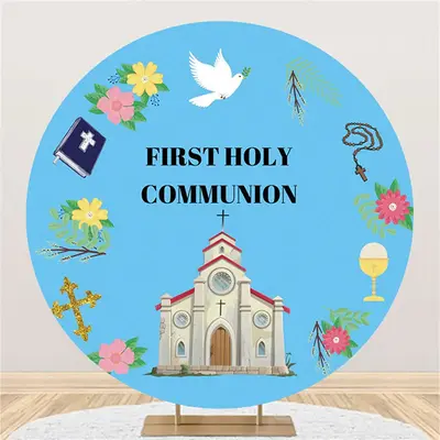 Blue Church First Holy Communion Baptism Backdrop