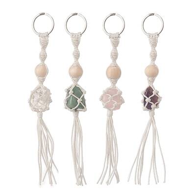 Cotton Thread Macrame Pouch Gemstone Tassel Keychain