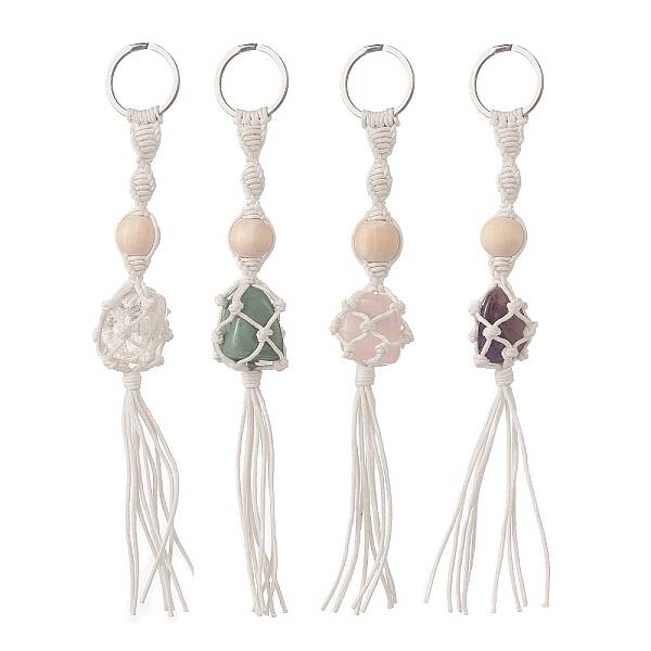 Cotton Thread Macrame Pouch Gemstone Tassel Keychain