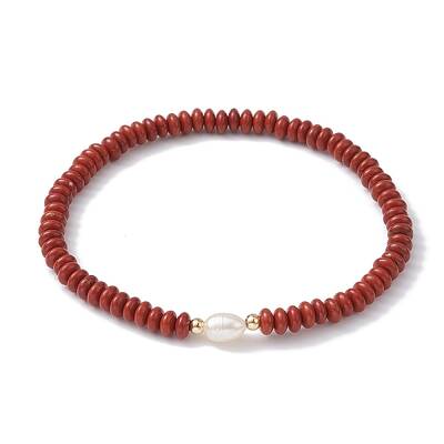 Natural Red Jasper Rondelle & Pearl Beaded Stretch Bracelets