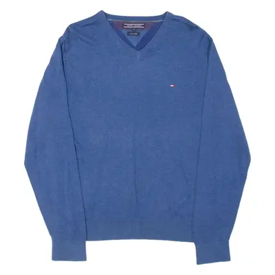 TOMMY HILFIGER Mens Jumper Blue V-Neck Tight Knit Silk M