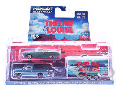 1966 Ford Thunderbird Convertible Blue (Dust Covered) and 1967 Ford F-250 Pickup Truck Blue with Enclosed Car Hauler \