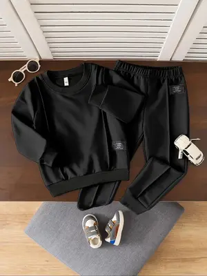 Two-Piece Set Boy's Solid Color Patched Sweatshirt & Pants Set, Casual Round Neck Long Sleeve Pullover & Trousers, Kids Fall ...