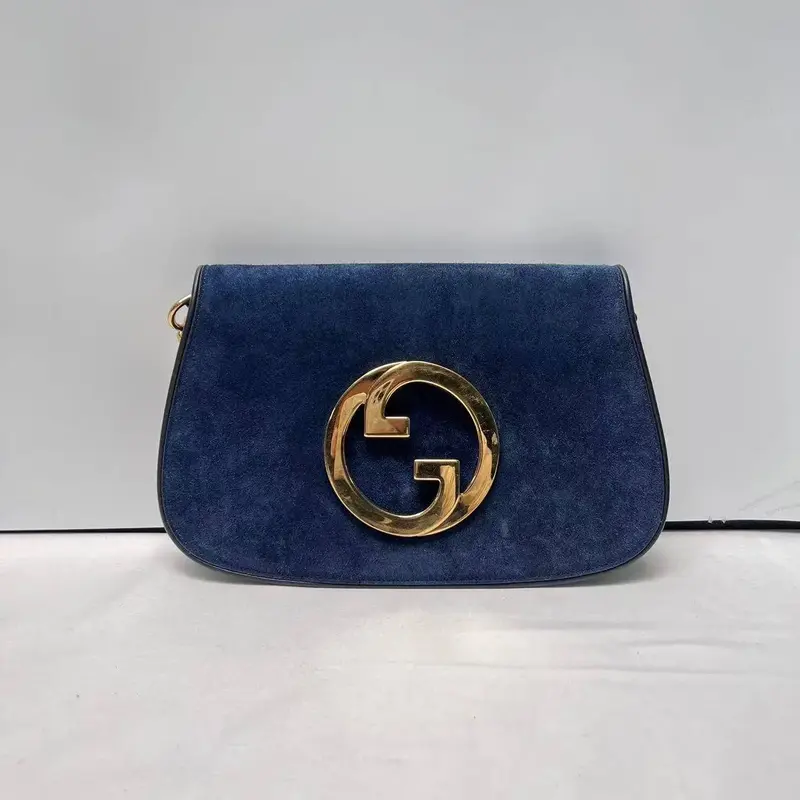 Pre-owned GUCCI Suede Crossbody Bags Blondie Small Blue with Gold Bold Interlocking Hardware Logo