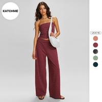 KatchMe Women's Chic Color Matching Stripe Slim Tube Top & Low-Rise Wide Leg Trousers Co-ord, Spring & Summer Holiday Outfits...
