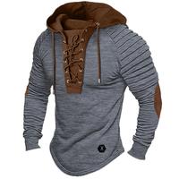 Solid Color Hoodie Men's T-shirt Top Pleated Hooded Street Long Sleeve Lace-up Stitching Basic Style Casual Black