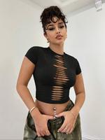 Women's Plain Hollow Out Round Neck Crop Tee, Casual Sexy Short Sleeve Crew Neck T-shirt for Summer, Fashion Women's Top for ...