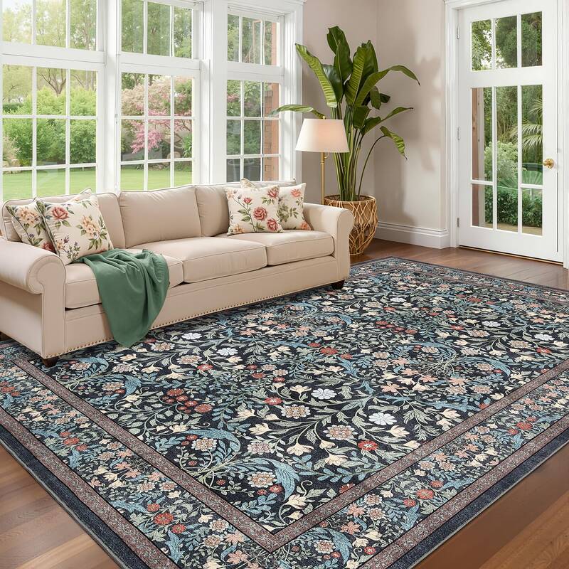Garvee Floral 9x12 Area Rug Plush Vintage Boho Non-Slip Stain Resistant Faux Wool Soft Low Pile Black Living Room Bedroom Din...