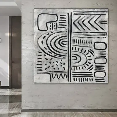 Large Black And White Painting on Canvas Wall Art Commissioned Painting Black and White Symbols Painting Contemporary Art Fre...
